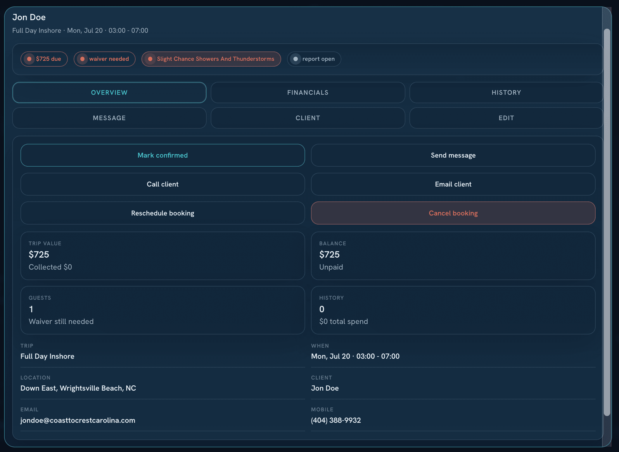 guideOS booking detail view showing trip value, balance, client actions, and booking status.