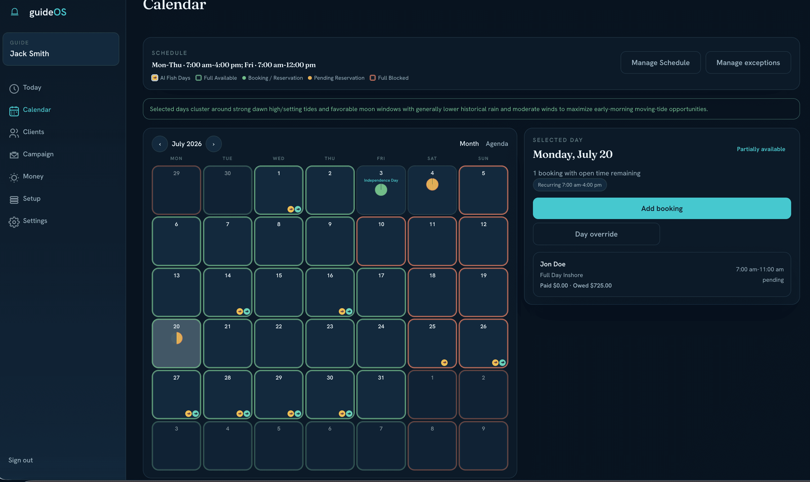 guideOS calendar showing availability, AI fish days, bookings, and the selected day workflow.