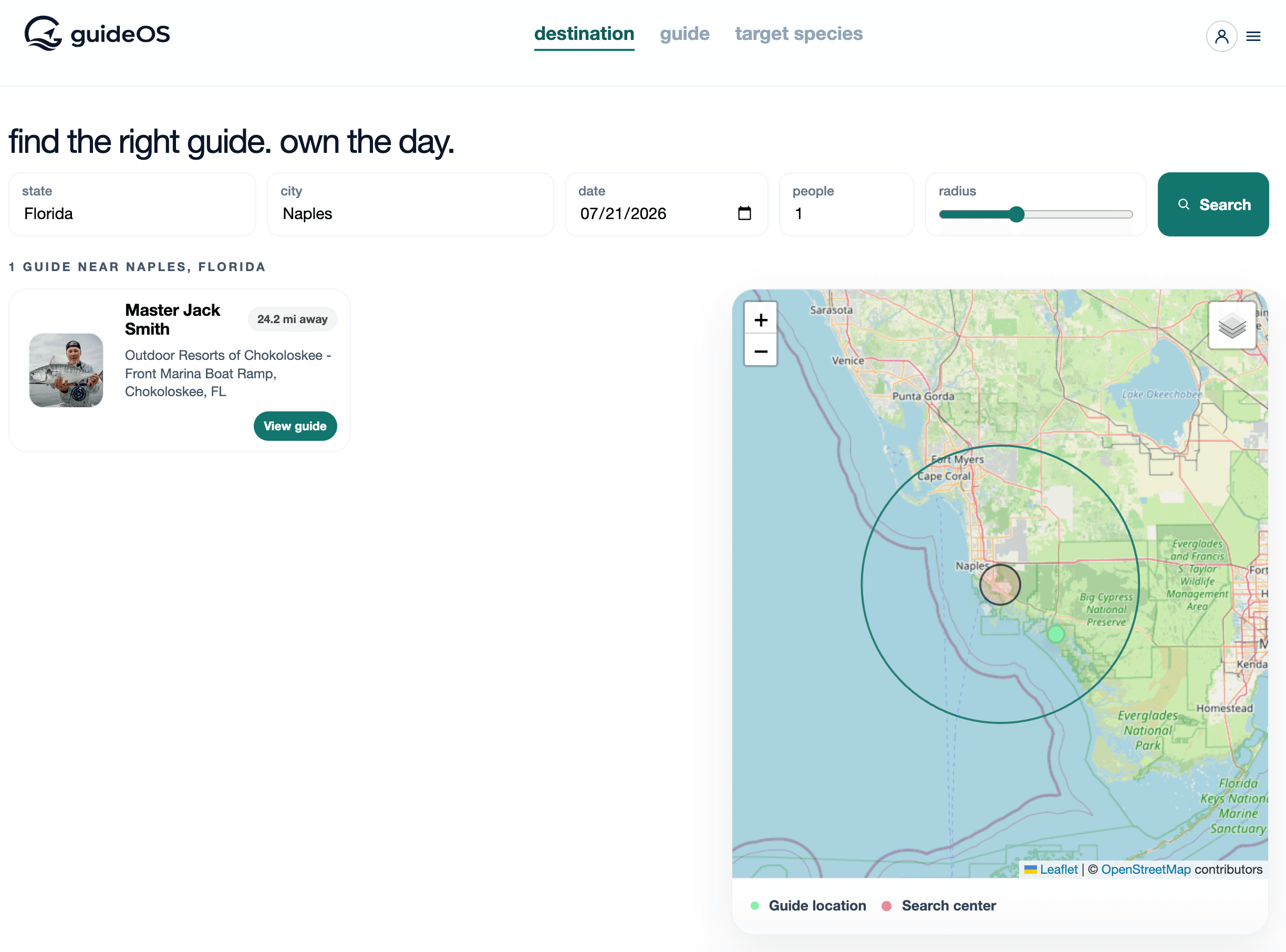 Guide discovery experience with search, destinations, and guide results.