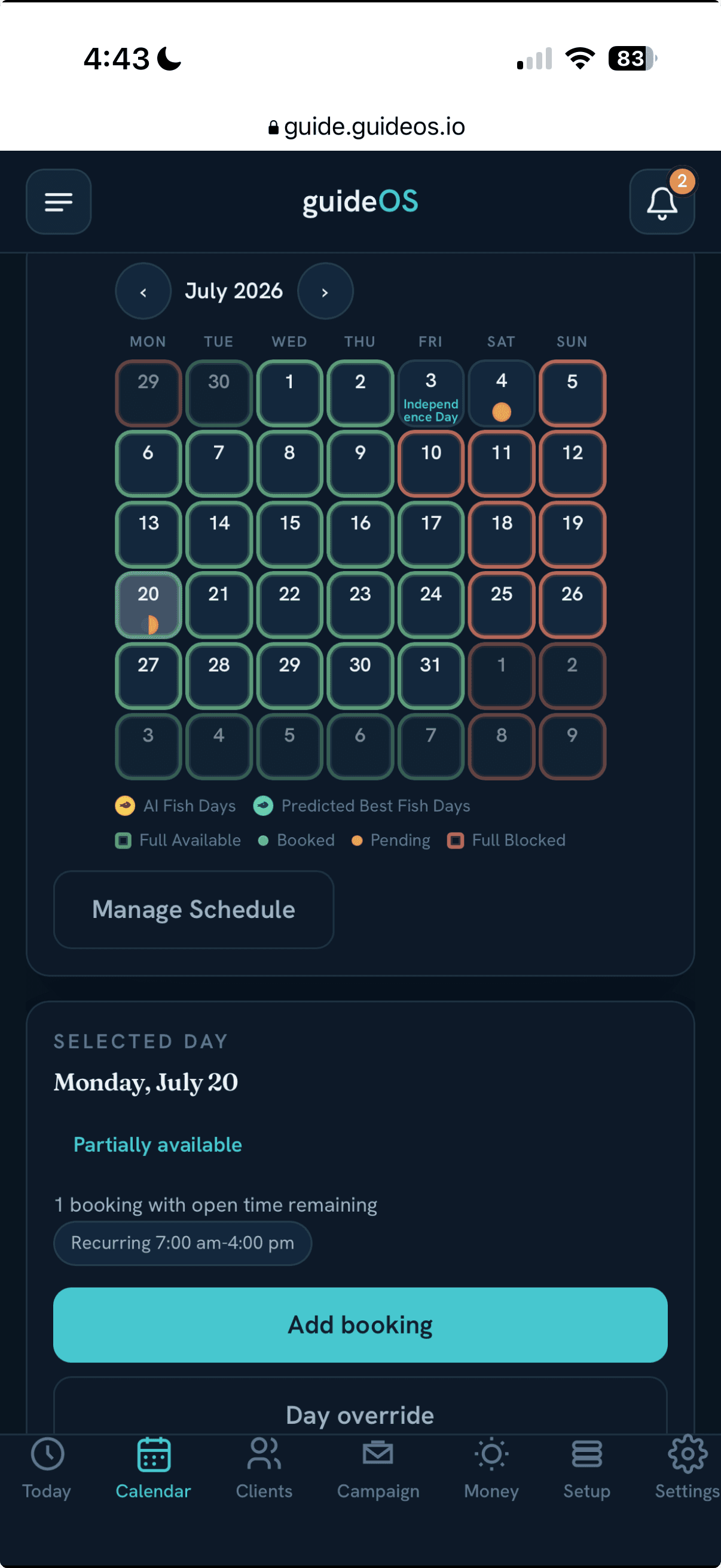 guideOS mobile calendar showing schedule visibility and trip availability on the water.