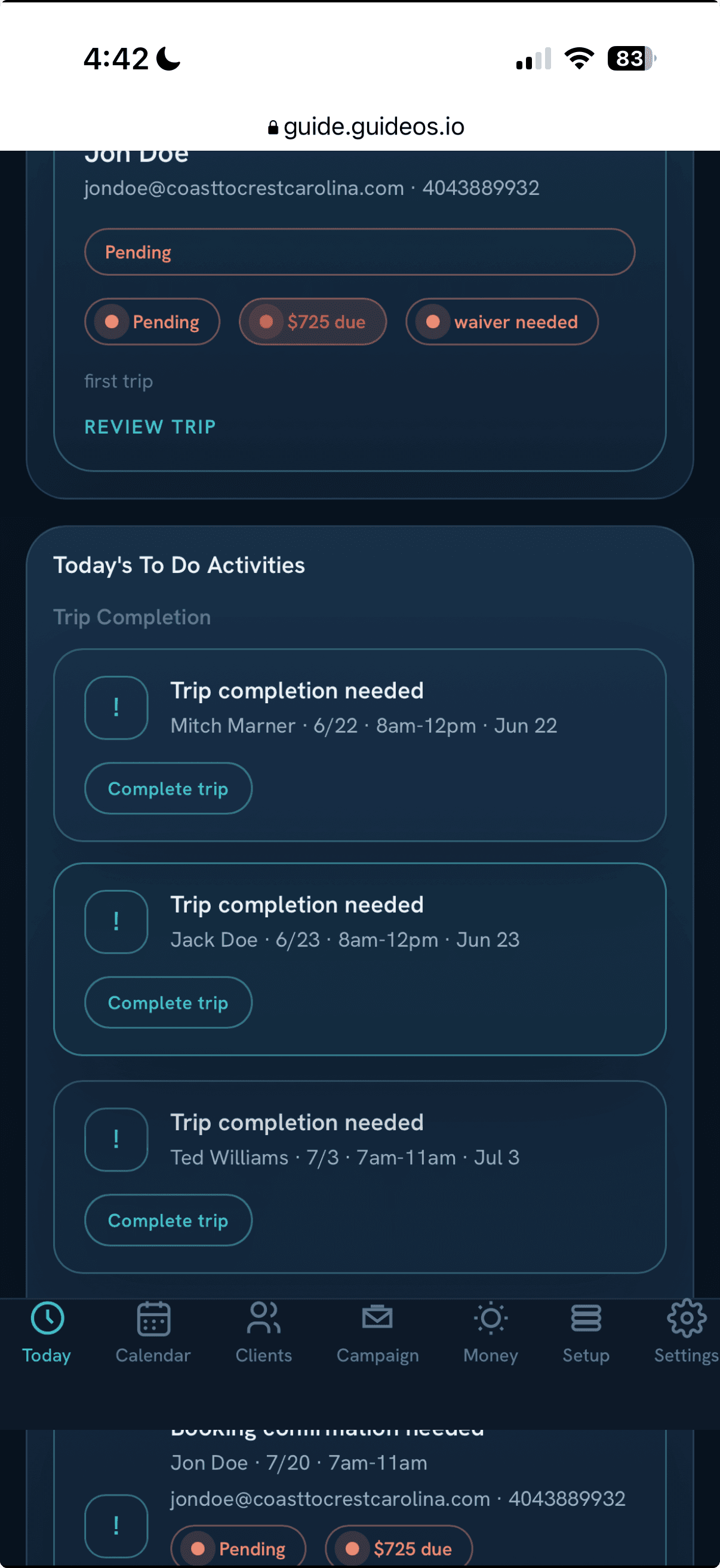 guideOS mobile Today view showing conditions, upcoming trips, balances, and next actions.