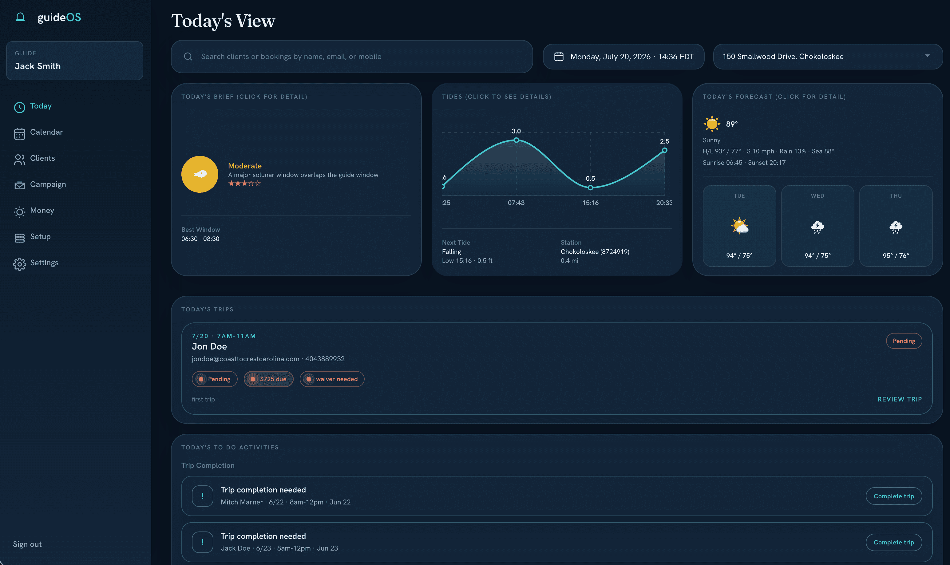 GuideOS operating dashboard preview for working guides.