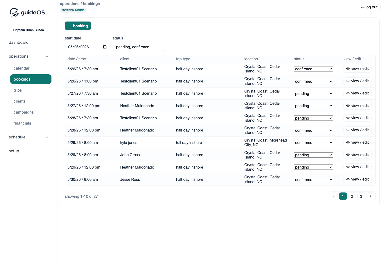 guideOS bookings list with trip status and editing controls.