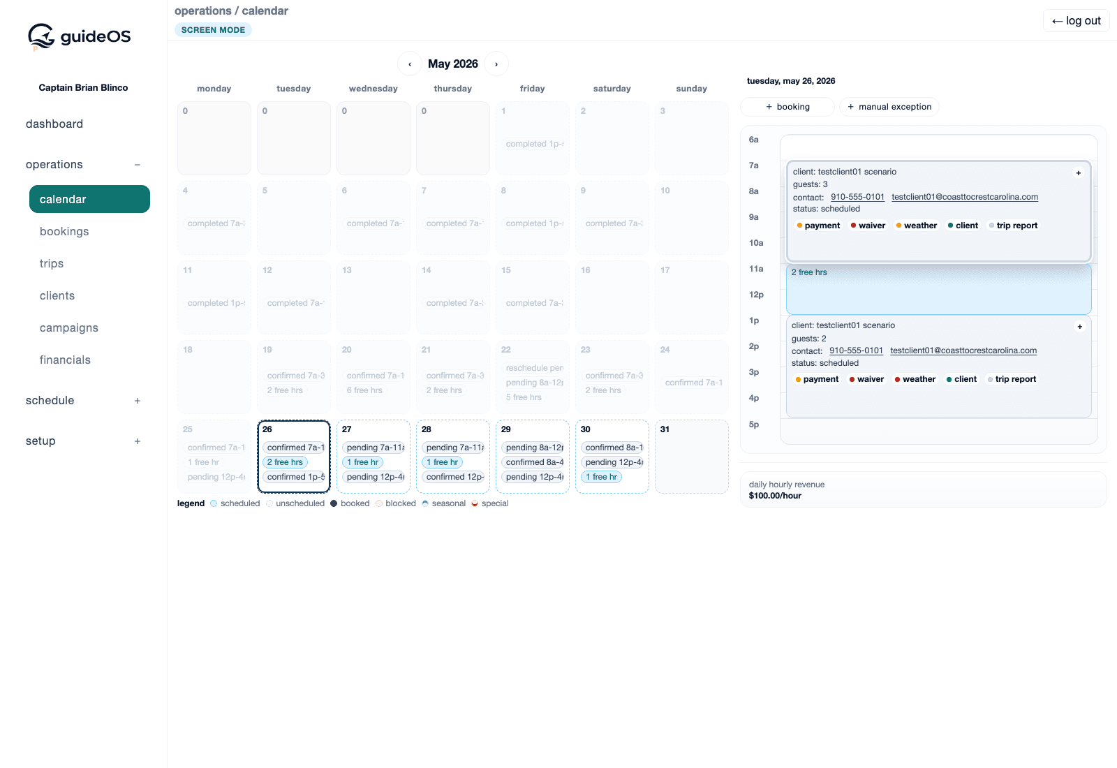 guideOS calendar view with bookings, free hours, and day detail.