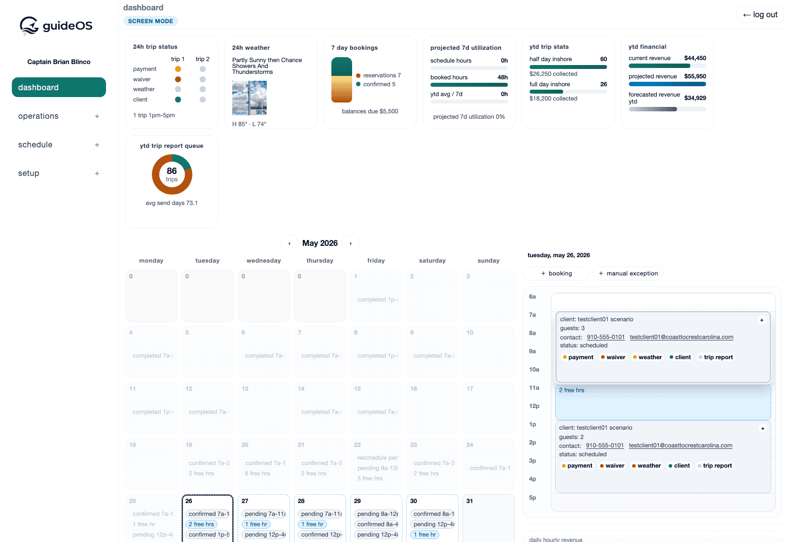 guideOS dashboard showing schedule, weather, booking status, and financial snapshots.