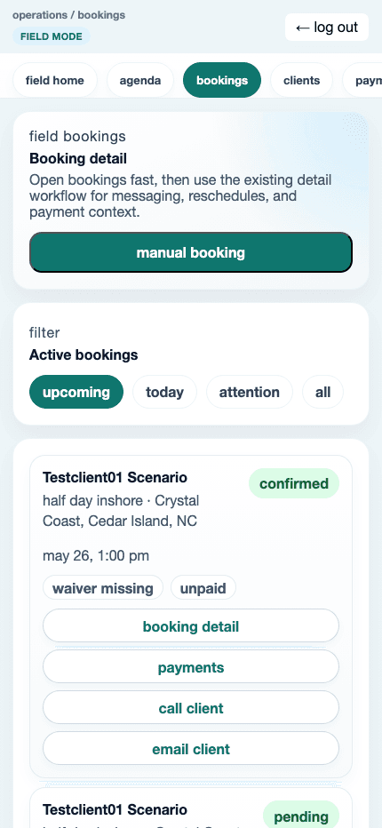guideOS mobile bookings view in field mode.