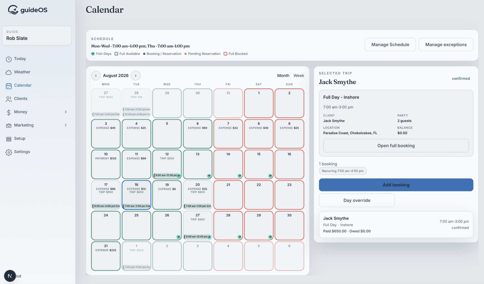 Actual guideOS monthly booking calendar