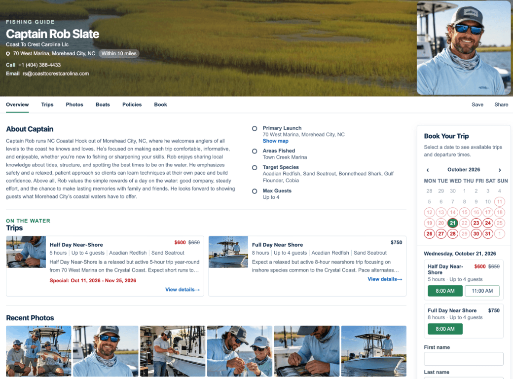 Actual guideOS public guide webpage showing Captain Rob Slate, charter trips, photos and booking calendar